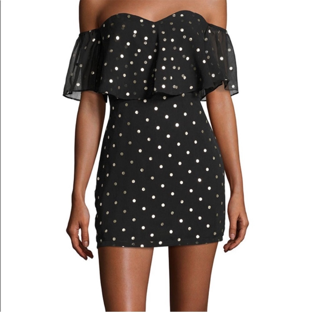 Lovers + Friends Black Mini Dress with Gold Polka Dots